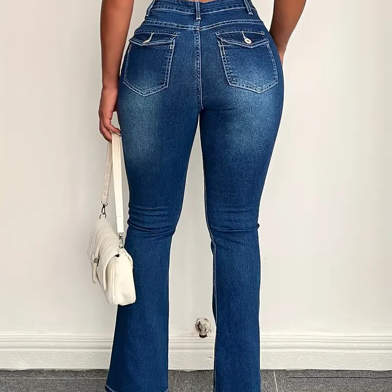 western popular style ladies office tight elastic pocket pants deep blue bell-buttom slim fit denim trousers