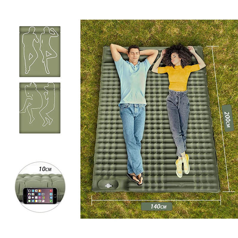 Ultralight Air Mattress 2 Person Camping Mat 40D Nylon Composite Fabric TPU Inflatable Double Sleeping Pad with Foot Pump Pillow