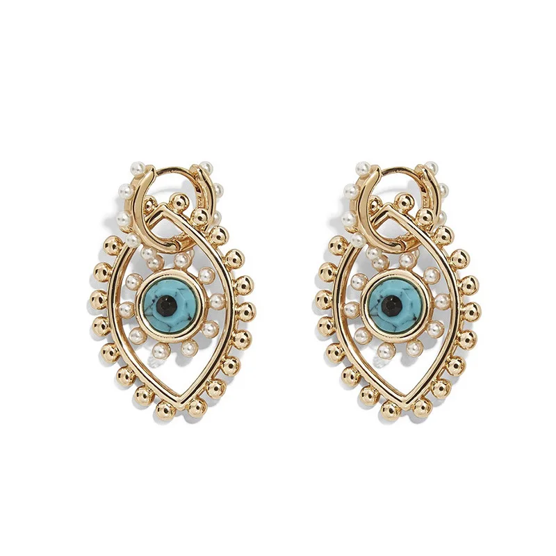 
New Arrival Retro Trendy Hollow Turquoise Devil Eyes Pearl Earrings Gold Plated Drop Earrings For Women 