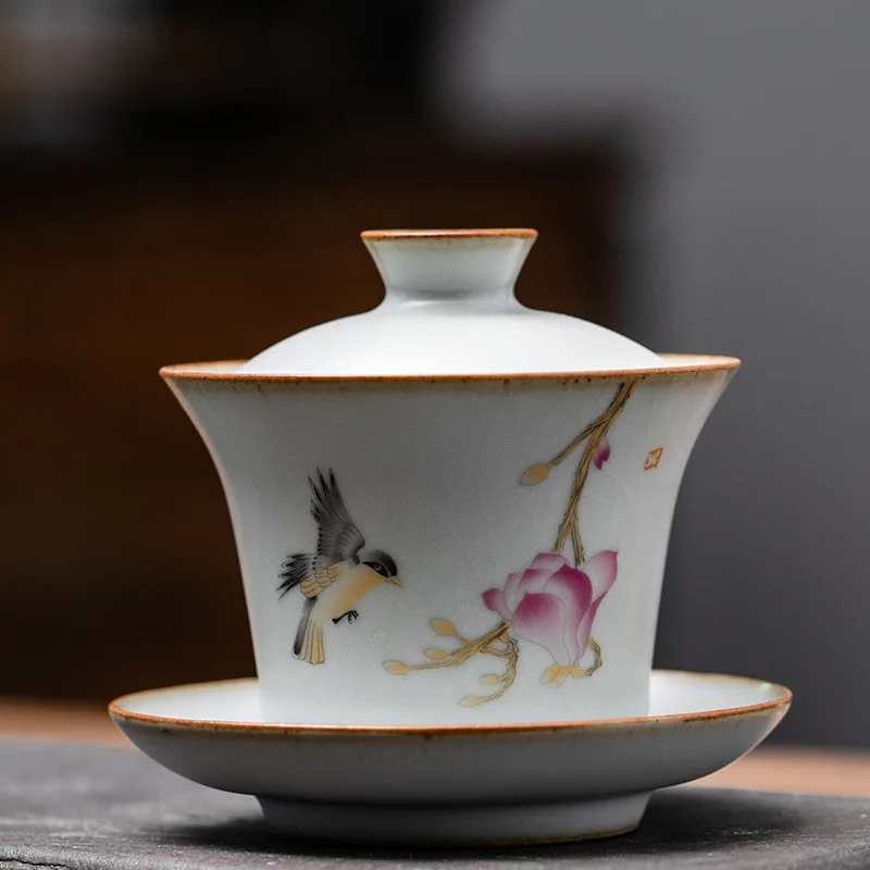 Chinese style handmade ru-ceramic kungfu flower tea cup and saucers set  chawan  with lid 170ml