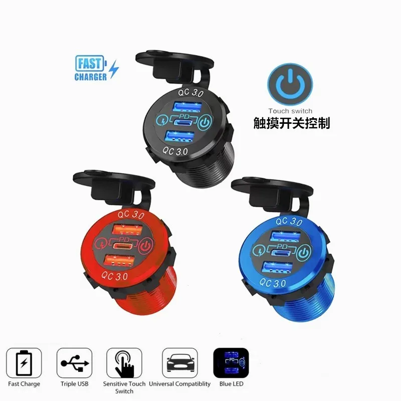 Новый 12 В/24 В тройной разъем USB гнездовой металлический 60 Вт USB-C многофункциональный разъем автомобильного зарядного устройства Type-C/PD3.0 и два порта QC3.0 с сенсорным переключателем