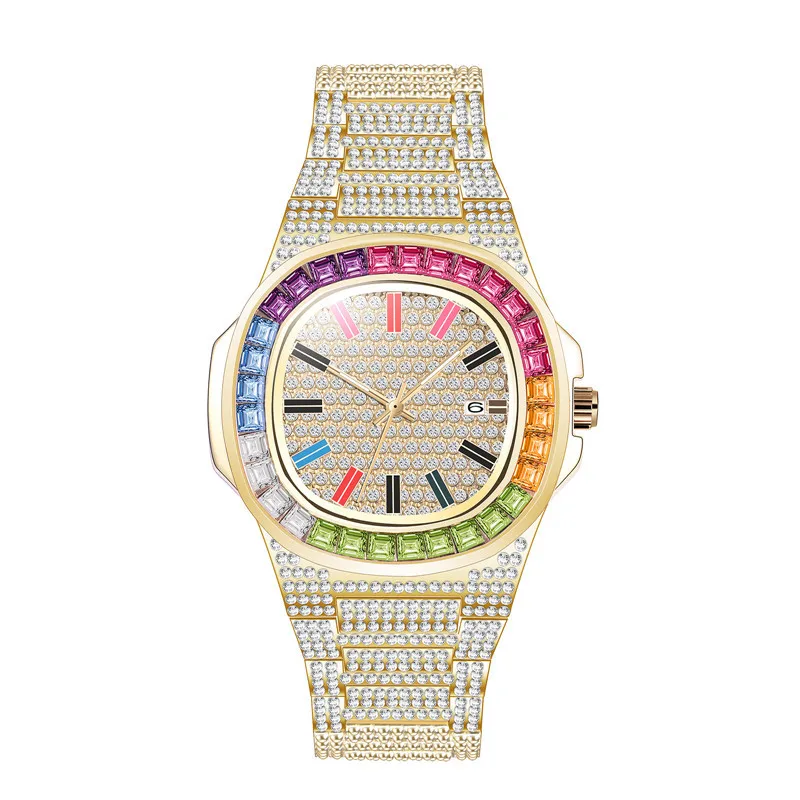 Luxury Gold Colored Ice Out Diamond  HIP HOP Watch High Quality Colorful Stainless Steel Calendar quartz watch