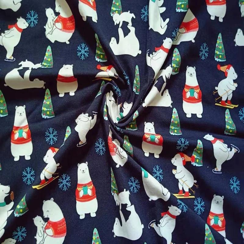 Custom Printed Christmas Bear Cotton Jersey Knitted Spandex Fabric For Kids Clothing