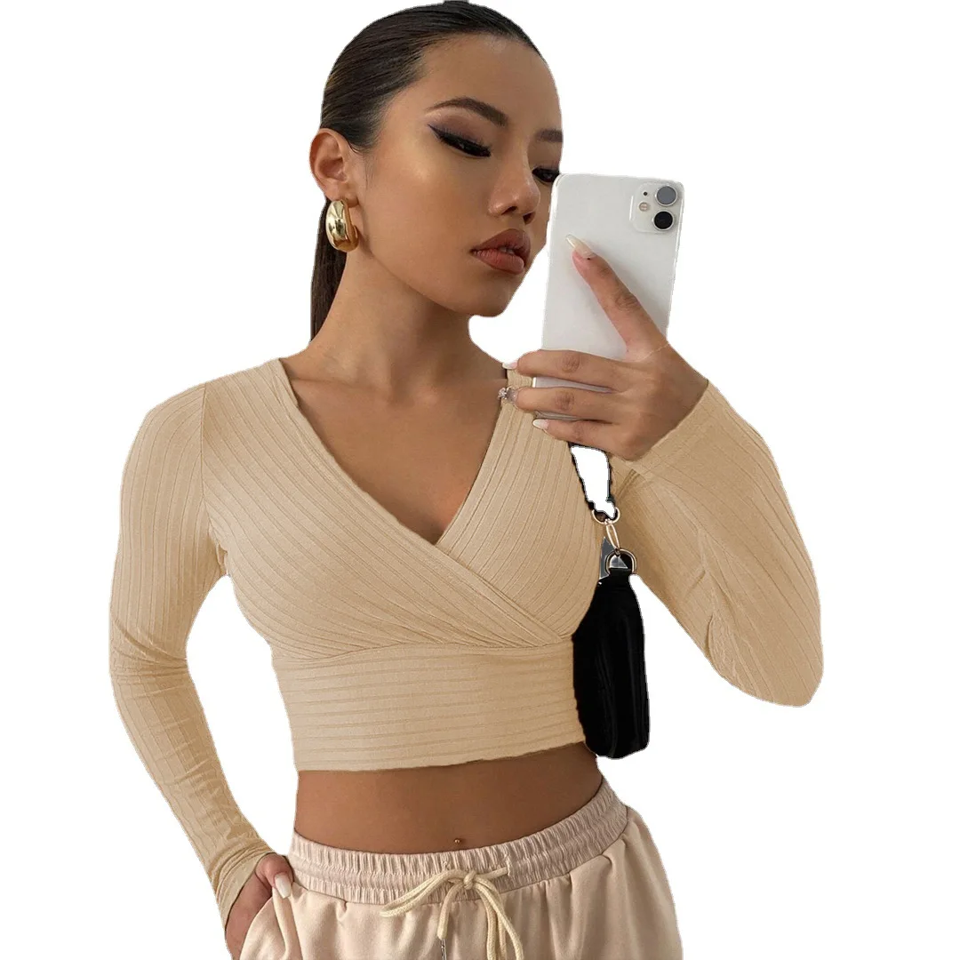 low price deep v neck sexy crop tops for women wholesale ribbed long sleeve crop top
