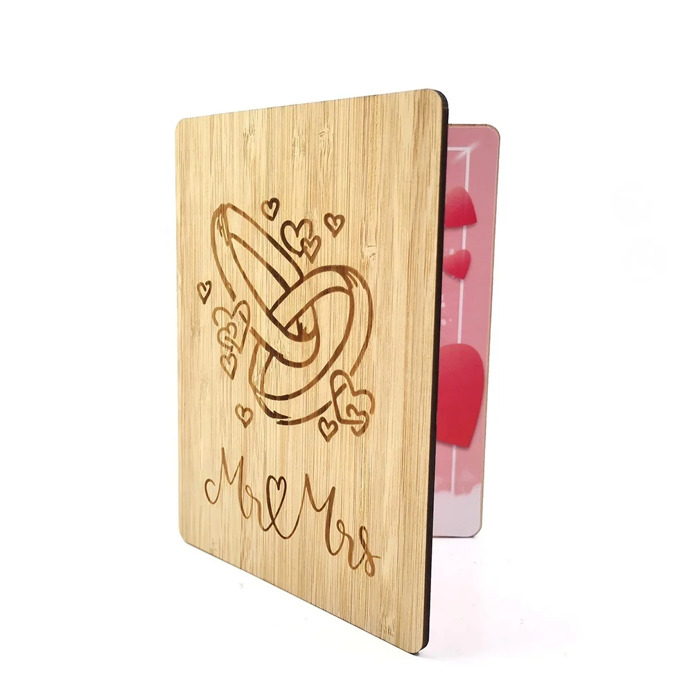 Factory Eco friendly love personalized bamboo greeting card on valentines day and birthday gift for girl boy friend