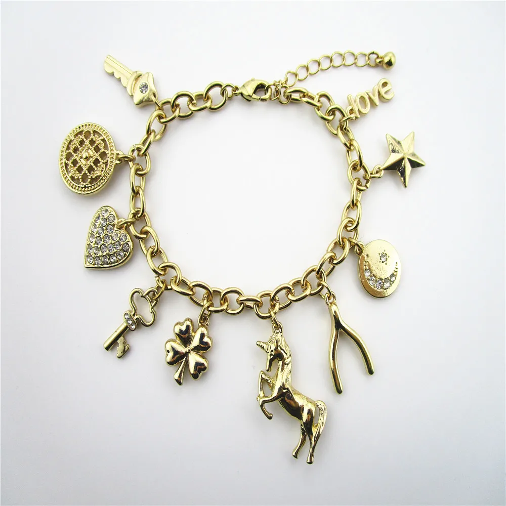 star,moon,horseshoe,heart,clover,unicorn charm bracelet
