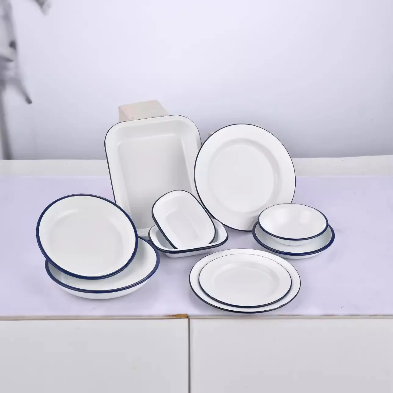 Enamel square plate disc flat plate bowl set wholesale customization