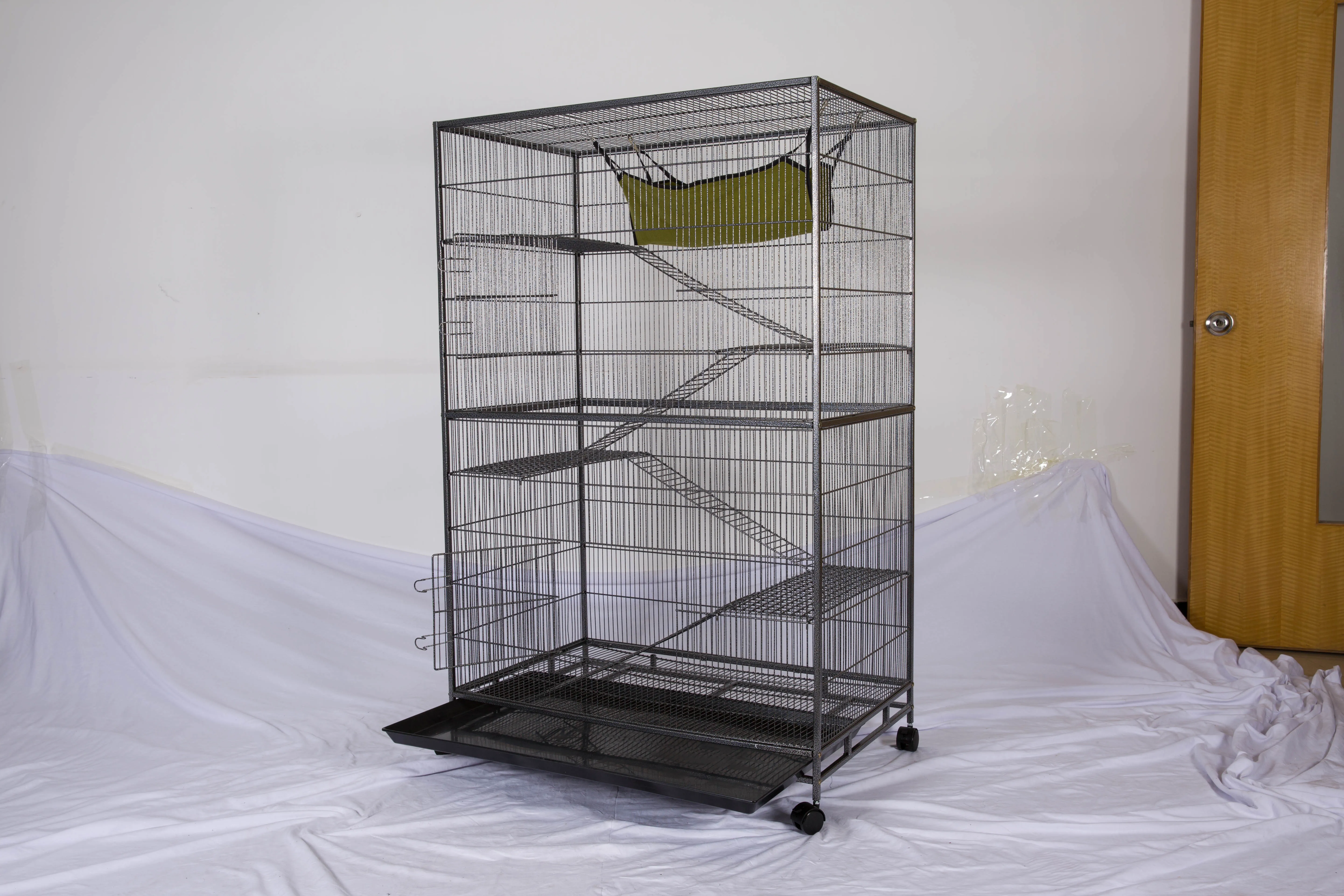 Large 4-Level Ladder and Platform Metal Black Indoor Outdoor Playhouse Wood Cage for Ferrets Cats Hamsters Birds Rabbits