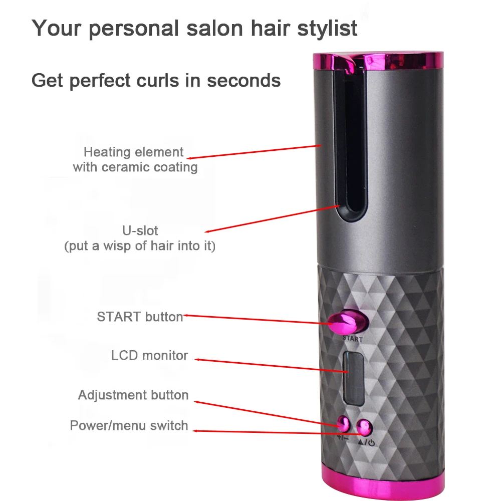 Automatic Curling Iron Fast Heating Hair Curling Iron for Hair Styling Rechargeable Cordless Hair Curler with 6 Temps and Timers
