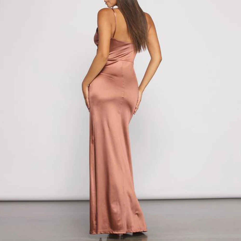 Wedding Party Bridesmaid Evening Gown Women Sleeveless Wrap V Neck Ruched Backless Stretchy Satin Formal Event FMaxi Dress