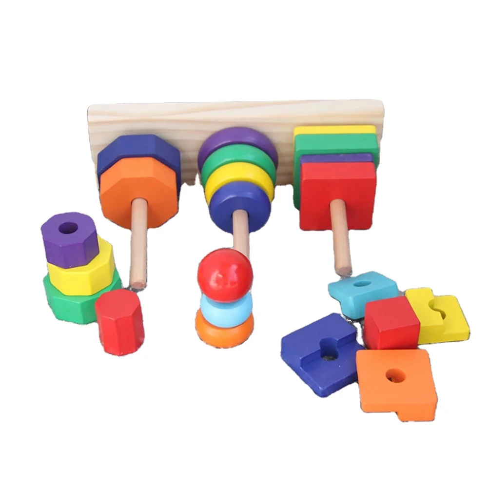 Wholesale Wooden Geometric Shape Stacker Sorting Board Rainbow Tower Small Three Pillars Tower Of Hanoi Puzzle Game For Children