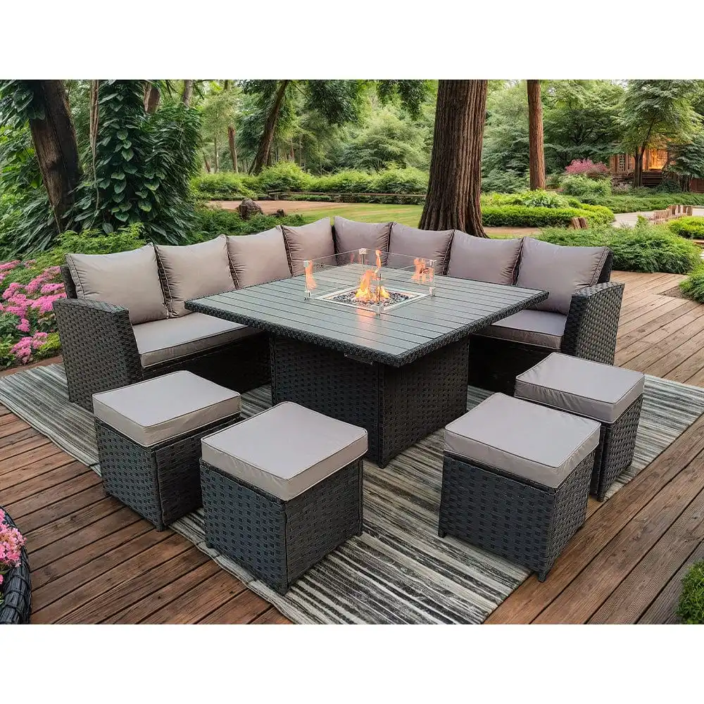Outdoor Rattan Garden Furniture Patio Corner Sofa Cube Set with Fire Pit Table for Garden or Courtyard Use