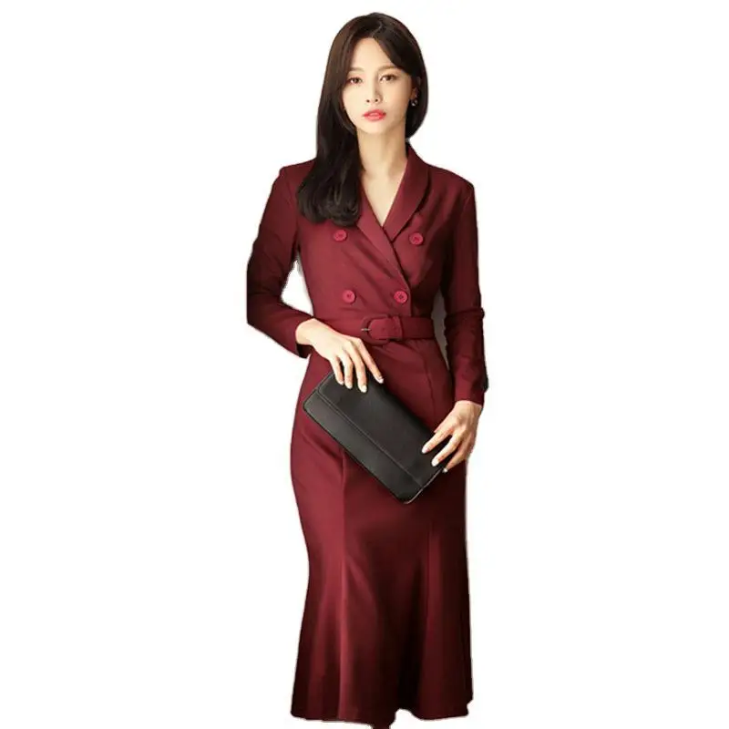 2021 New Arrivals Women Korea Style Double Breasted Office Suit Dresses Ladies Bodycon Skinny Retro Long Sleeve Sheath Dresses