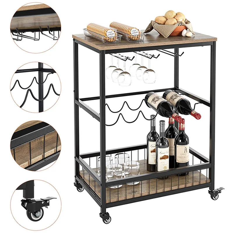 Multifunctional Drawers Storage Carts with Wine Rack