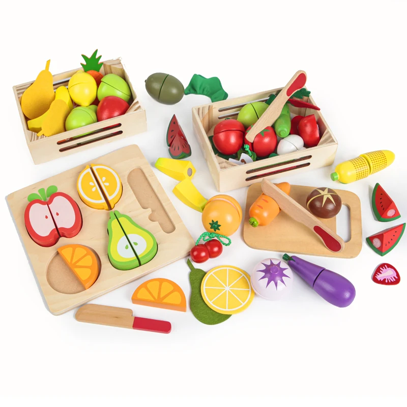 Wholesale Wooden Pretend Cutting Game Cut Fruit Vegetable 3D Puzzle Blocks Kids Toy Early Educational Montessori Toys