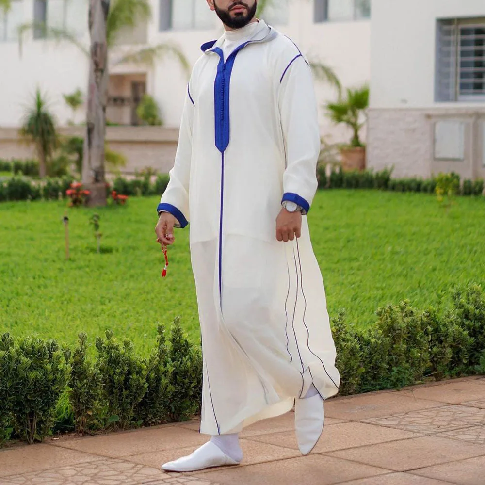 Muslim Thobe With Zipper Pocket Men Islamic Clothing Solid Color Arab Design Daffah Dress Saudi Robe