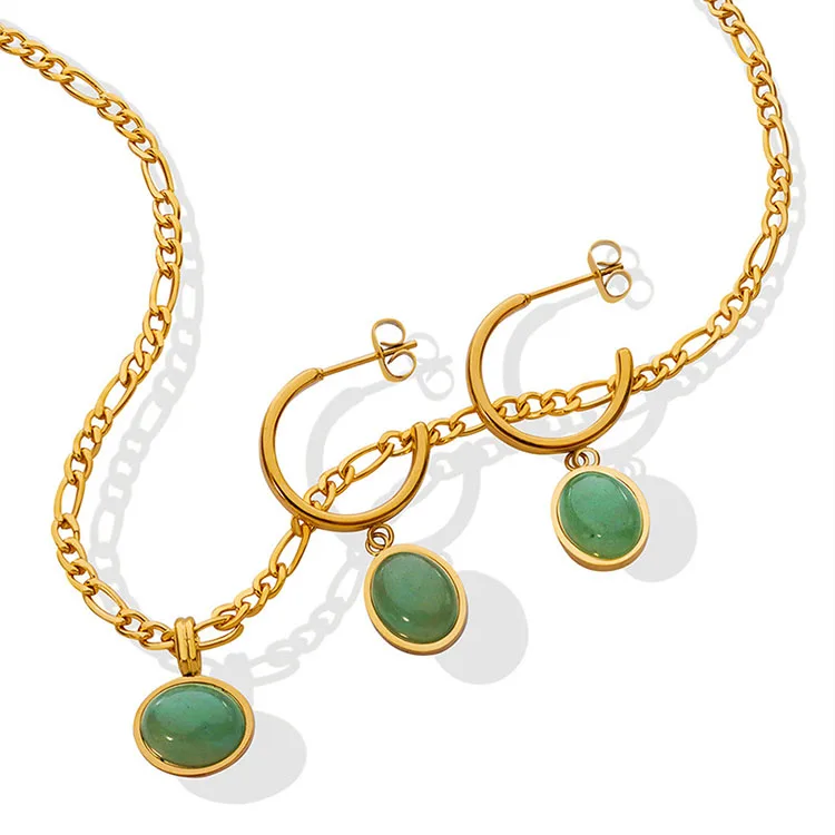 Custom Wholesale Waterproof Women 18K Gold Plated Stainless Steel Luxury Jade Jewelry Set Link Chain Necklace Cuff Earrings