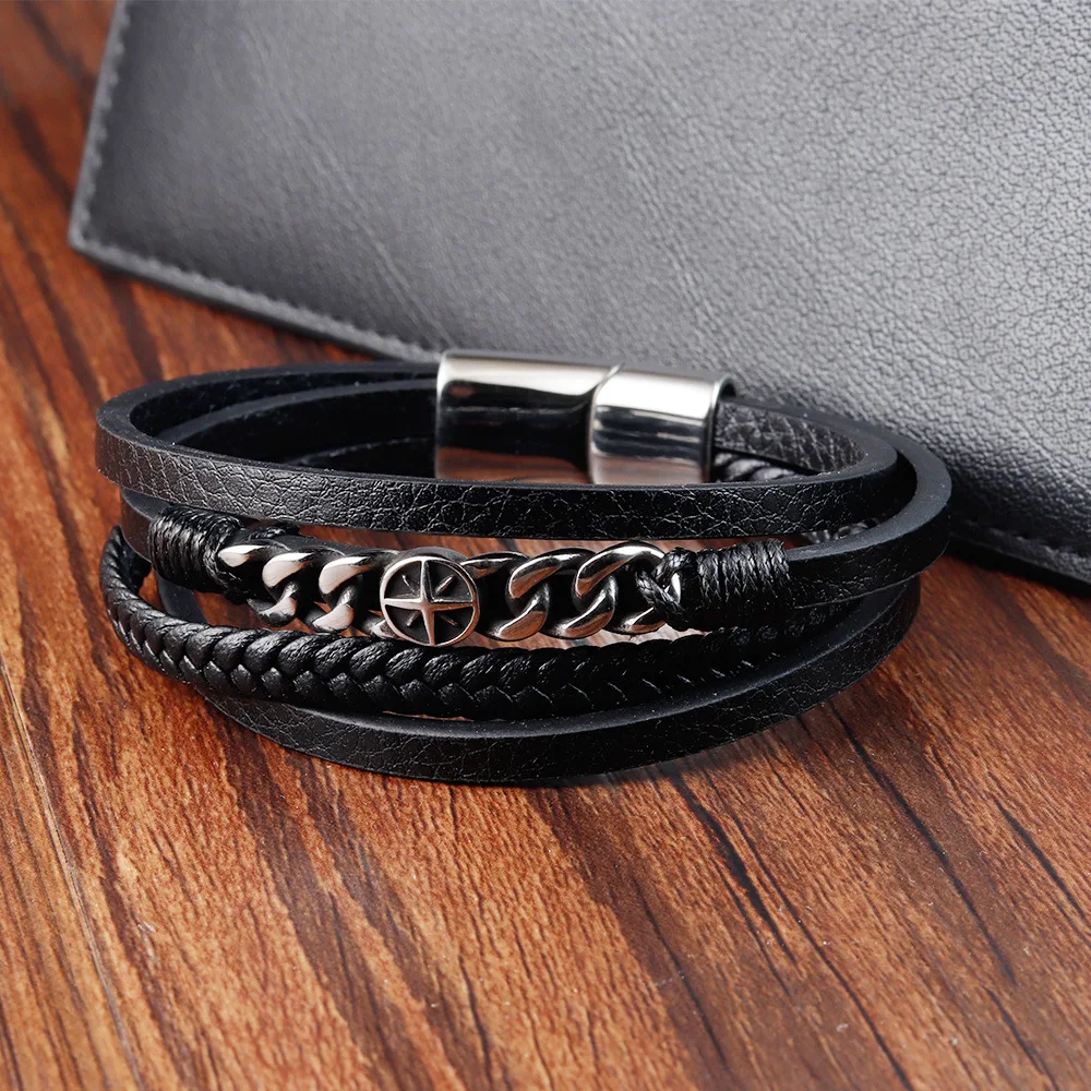 Custom Leather Wristband Bracelet Mens Leather Bracelet And Stainless Steel Chain  Magnetic Clasp Multilayer Leather Bracelet