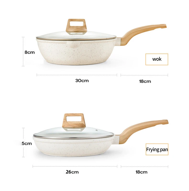 2023 new Wholesale 4pcs wheatstone coated non-stick cookware Wooden handle soup pot frying pan wok milk pan cookware set
