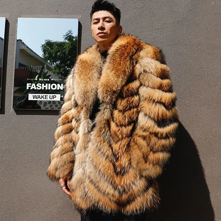 Wholesale Luxury Men Long Sleeve Mid-length Real Raccoon fur Coat Leather Winter Mens Fur Coat
