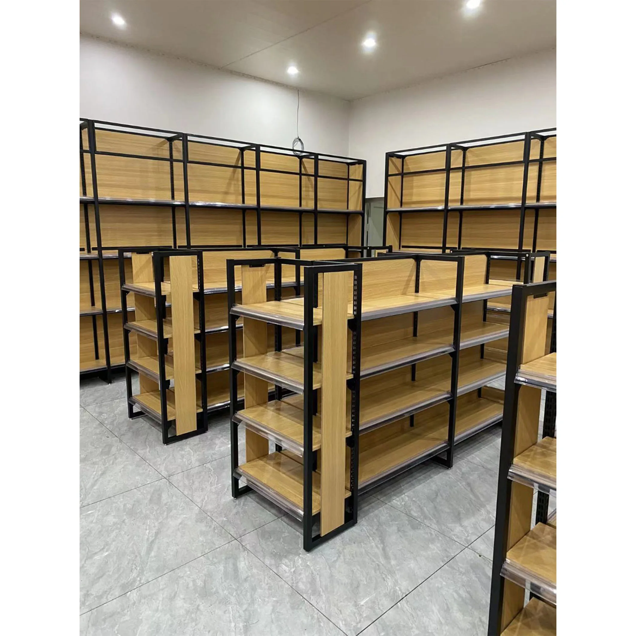 High Quality Steel Wood Supermarket Shelves Wooden Storage Shelves Gondola Supermarket Shelving