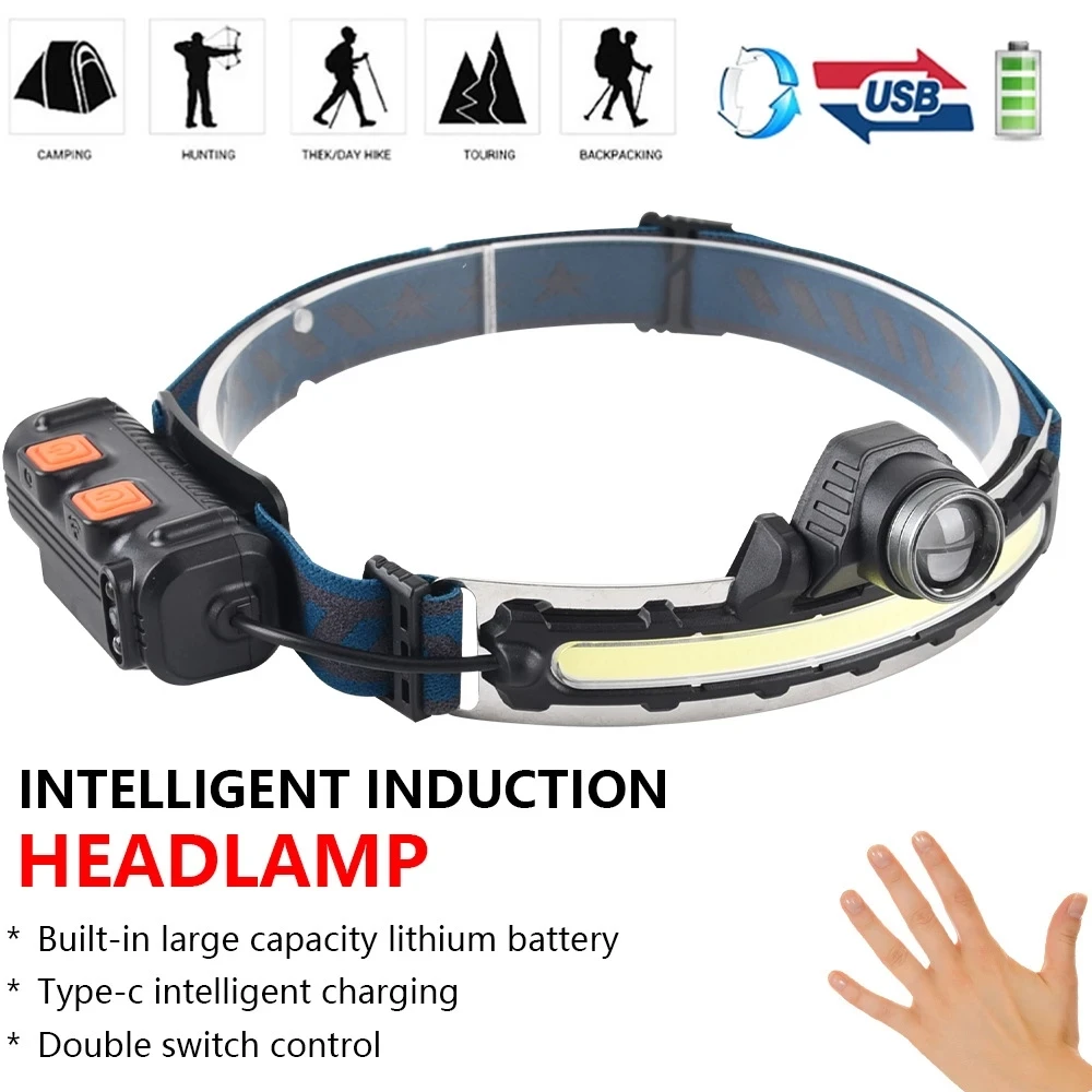 Xpg+cob Outdoor Led Stainless Steel Inductive Power Display Type-c Floodlight Rechargeable Zoom Headlamp