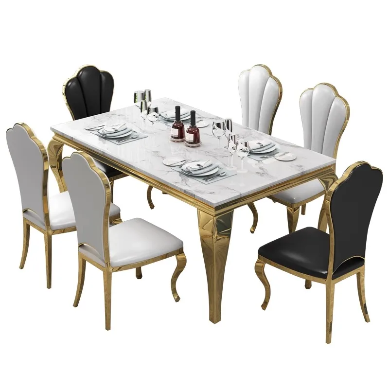 Home Kitchen Dining Room Hotel Cafe Restaurant Rectangle Stainless Steel Leg Marble Stone Top 4 Dinning Table And Chairs Set