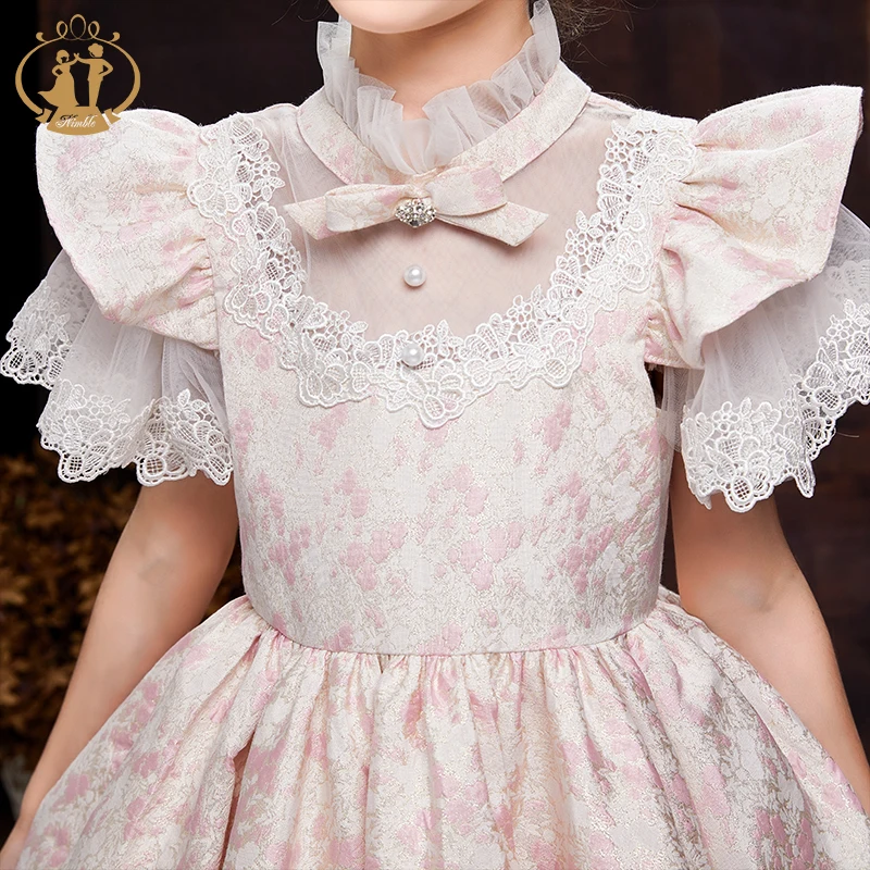 NIMBLE 2022 Jacquard Fabric Beaded Lace Flower Girls Satin Dresses Princess Toddlers Kids Party Ball Gown Holiday Long  Frock