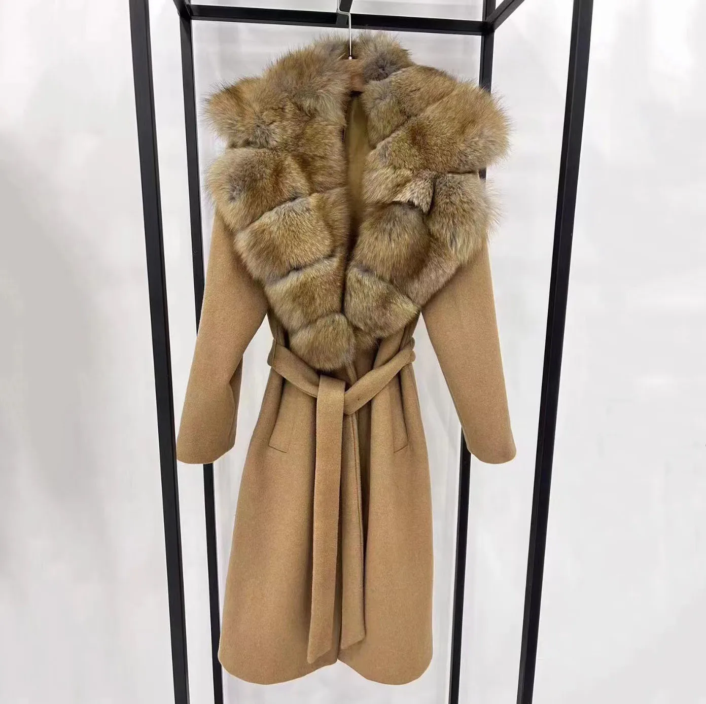 High end luxurious apparel Large real fox fur collar wool coats winter apparel long belted winter women coats