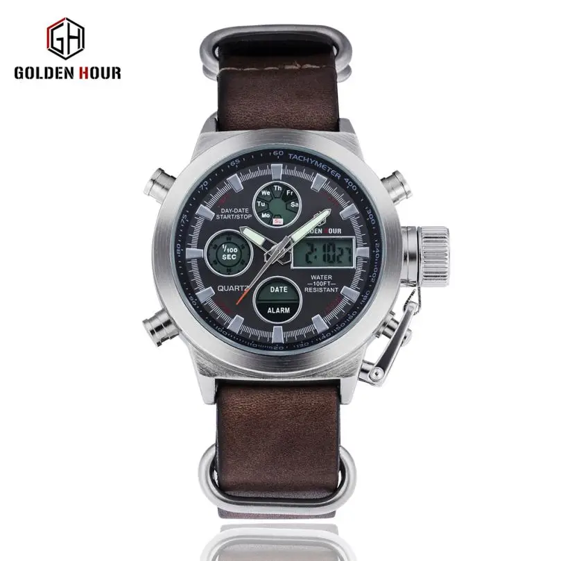 GOLDEN HOUR  GH-107  hot sell black mens digital watch original PU leather band 3 dials Chronograph Luminous sports wristwatch