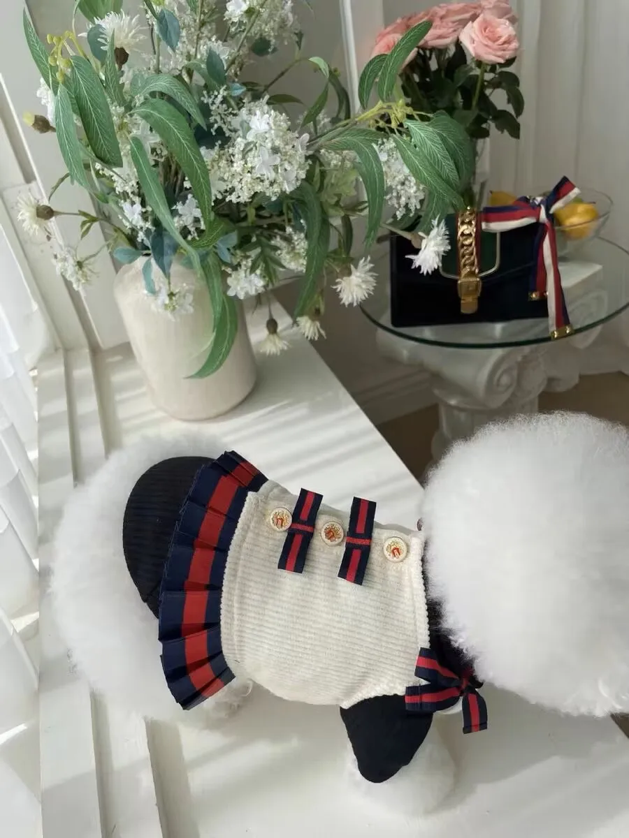 Fashionable  Designer Luxury brand Newest Elegant Design Dog Dress Clothes Knitted Dog Sweater Pet Slip Dress With bow tie Head