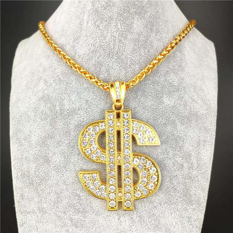 18K Gold Plated Chain with Dollar Sign Pendant Necklace Old School Hip Hop Rotatable Dollar Necklace 80s 90s Rapper Costume Big