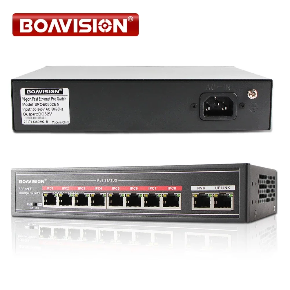 With 8 Port PoE Switch Adapter 8+2 Port Desktop Fast Ethernet Switch IEEE802.3af/at 104W For CCTV Network IP Cameras POE Powered