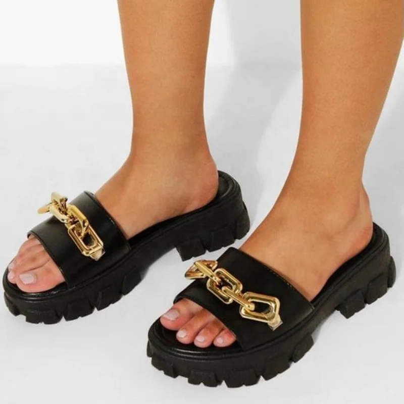 2022 New Designer Summer Women Open Toe Platform Slippers Fashion Sexy PU Leather Chain Thick Bottom Mules Slippers