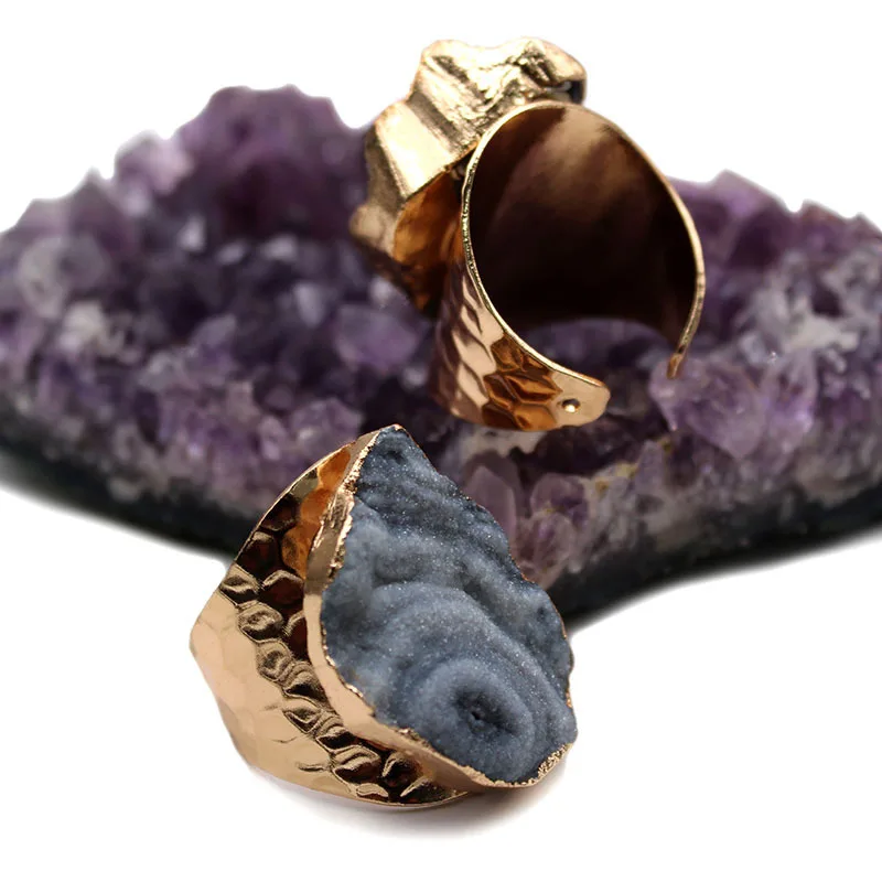 Natural stone agate ring crystal tooth original stone gold plated opening adjustable wide edge ring