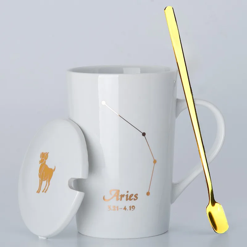 450ML Fashion Constellation Horoscope Ceramic Mug Couples Drinking Cups Coffee Mug with Lid and Spoon