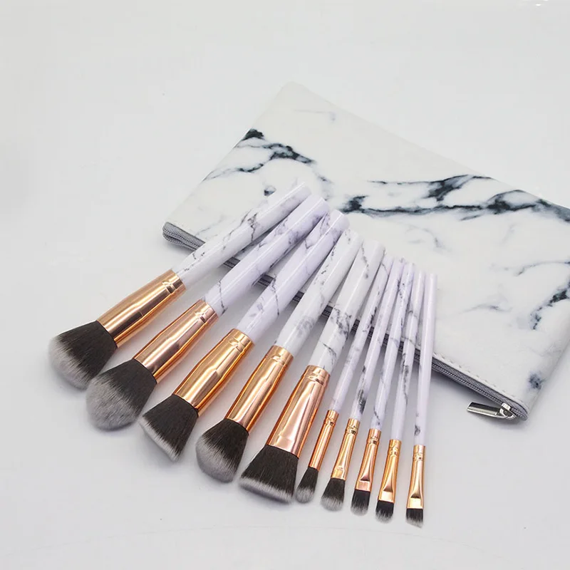 HMU Professional Make Up Brush Set Natural Gemstone Kabuki Cheap 10pcs Marble Handle Makeup Brushes With Case
