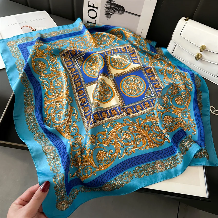 Factory OEM ODM 70x70cm Square Neck Scarf Head Hairband Kerchief Wonderful Letter Printed Imitated Silk Scarves for Women