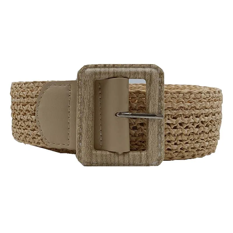 Daily Wear Vintage Versatile Boho Waist Belt Square Round Buckle Rattan Woven Belt for Girls Travelling Parties