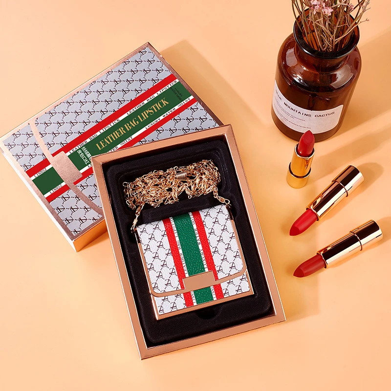 hit color leather bag shape lipstick gift box three colors long-lasting makeup private label waterproof velvet lipstick