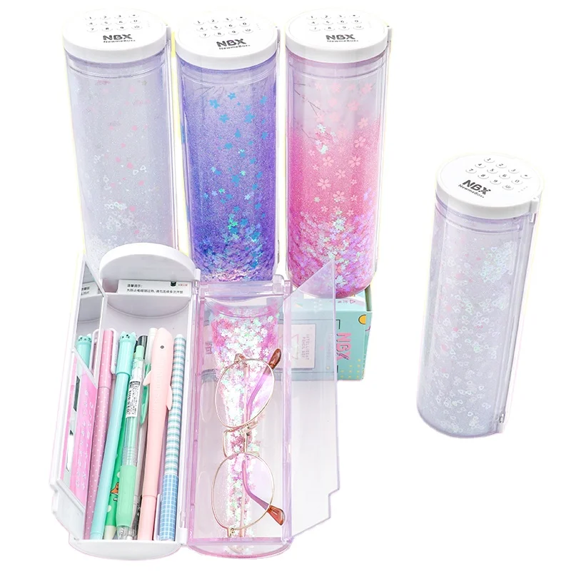 Newmebox Glitter Quicksand  Password Pencil Box School Plastic Large Capacity Pencil Case