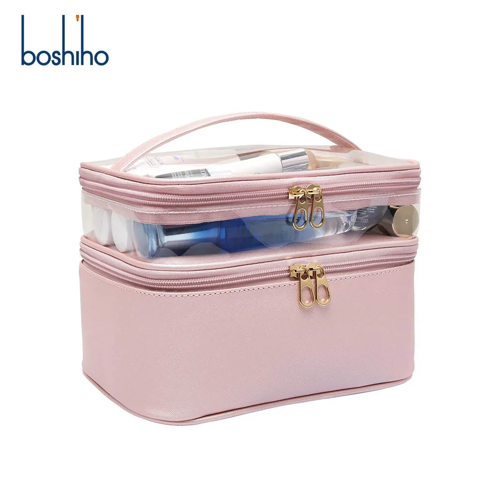 Boshiho Leather Double Layer Large Clear Makeup Organizer Bag Travel Accessories for Women Makeup Bag Cosmetic bags & cases (1600508089264)