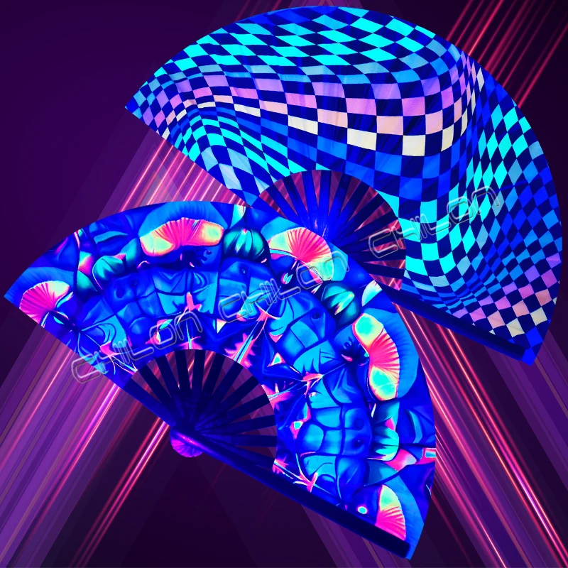 UV Festival Folding Hand Fan with Bamboo Ribs Folding Fans with Fabric Case Glow in dark