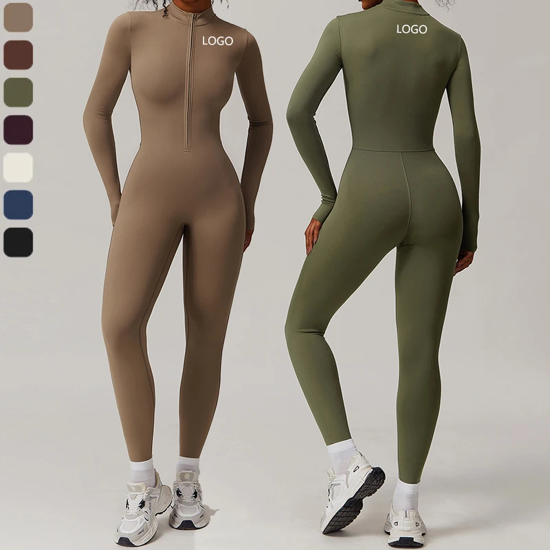 XW-CLT8445 Custom Half Zip Yoga Activewear Sports Long Sleeve Nylon Bodysuit Workout One Piece Gym Female Jumpsuit