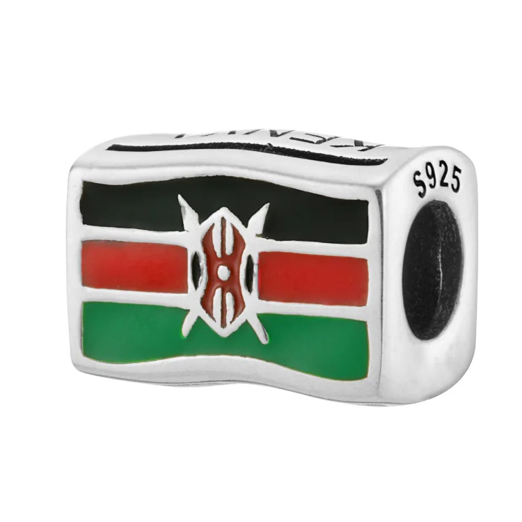 Hot Sale Wholesale Enamel Kenya Flag Silver Bead Charm 925 Silver Charms Fits Bracelet European & Women For Bracelet Making