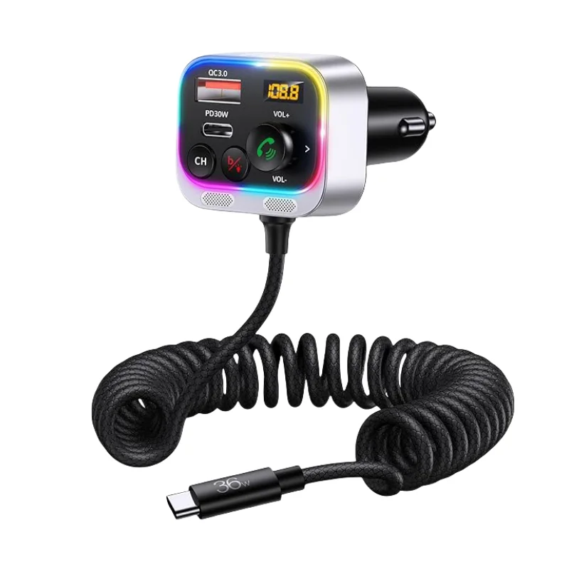 Wireless Car FM Radio Adapter with USB-C Cable PD36W QC3.0 Fast Charger Dual Mics Music Player Car Bluetooth 5.3 FM Transmitter