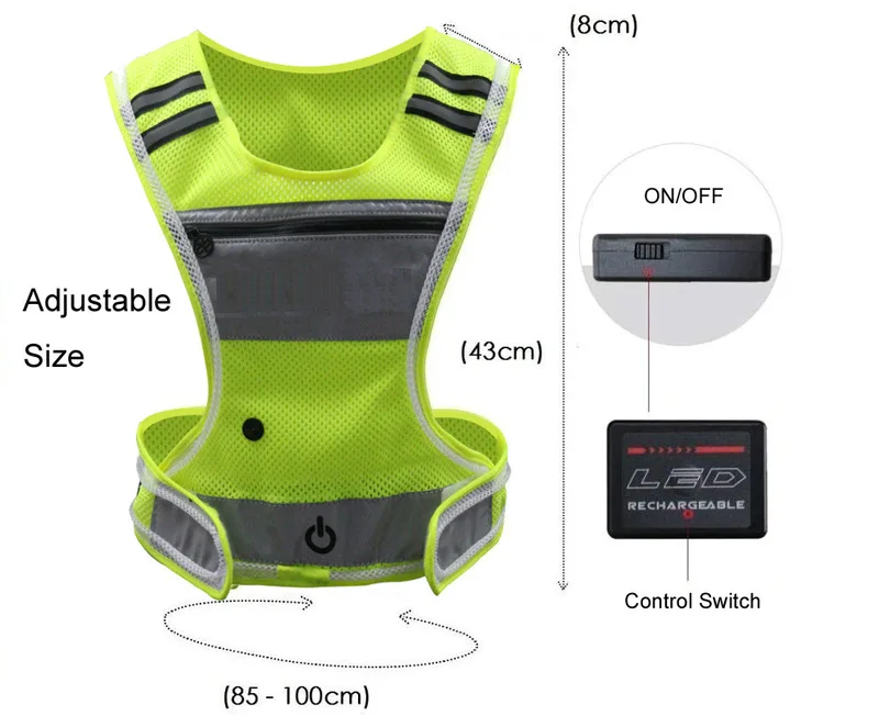 USB Rechargeable Reflective Vest safety vest Running Vest 3 LED Glowing Modes Reflective Straps