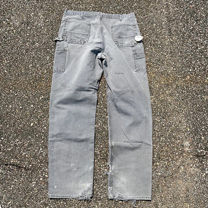 Custom Logo Heavy 14 Oz Distressed Duck Waxed Canvas Carpenter Work Pants Men Double Knee Worker Pants Canvas Workwear