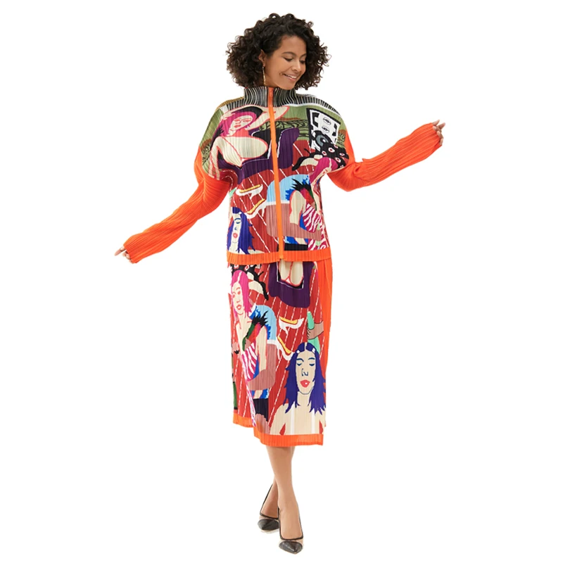 Женский плиссированный костюм с принтом пальто на молнии и юбка оригинальный дизайн весна-лето