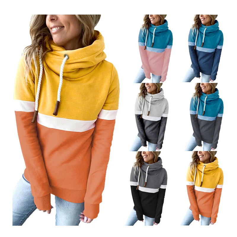 Tri Color Blend Mix Colour Hoodie Para Mujer Cowl Neck Hoodie Plus Size Drawcord End Hoodies And Sweat Shirts For Women